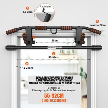 Дверна рама AmazeFan Pull-Up Bar, модернізована турніка 2024 року з кількома варіантами хвата, з додатковим тренажером для строп, універсальна застосовується для більшості дверей Чорний/помаранчевий