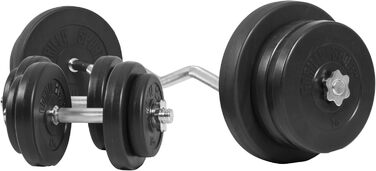 Набір гантелей GORILLA SPORTS - 70 кг, SZ Curl Bar 120 см, ваги 4x1,25 кг / 4x2,5 кг / 4x5 кг / 2x10 кг, 2 гантелі 30 мм, із застібками 6 зірок/пружинними застібками, пластиковий набір гантелей, гантелі