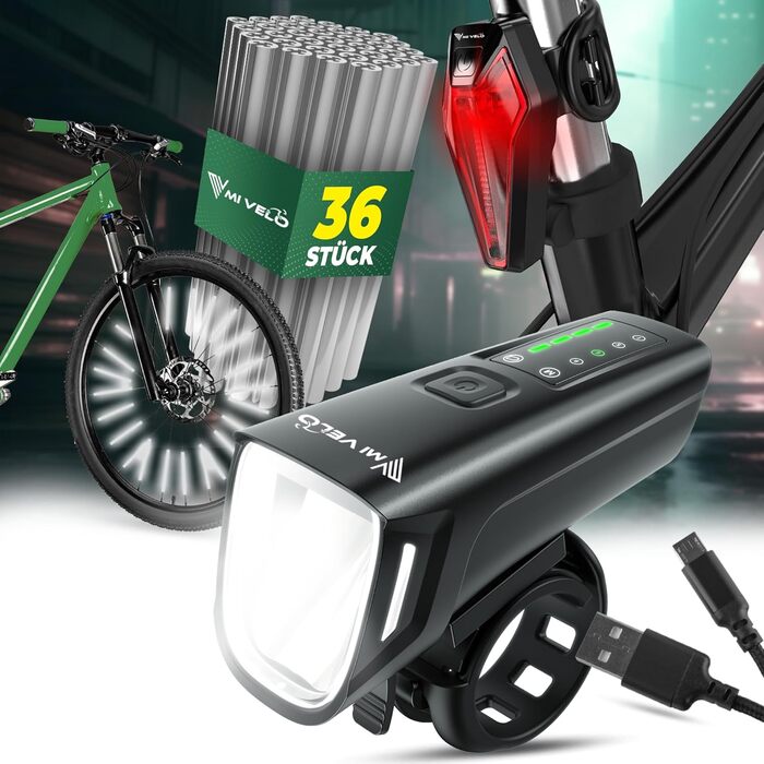 Набір велосипедних LED-ліхтарів MIVELO SMART ONE 100 люкс, акумулятор 2000 мА·год, авто-сенсор, USB зарядка, водонепроникний, передня і задня фара, з рефлекторами, сертифікат StVZO, енергоефективність A+++