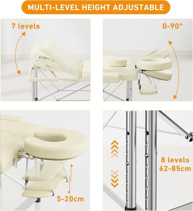 Масажний стіл Brelley Складний 3 зони шириною 70 см Регульований по висоті косметичний стіл Масажна лава, алюмінієвий тату-стіл з підголівником і підлокітниками & сумка бежева