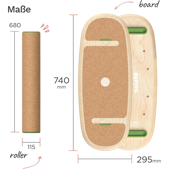 З нековзною пробкою та дерев'яна дошка преміум класу - Balance Board для дорослих включаючи Roller - балансова дошка для серфінгу та фітнесу для спільних тренувань, 38 Balance Board