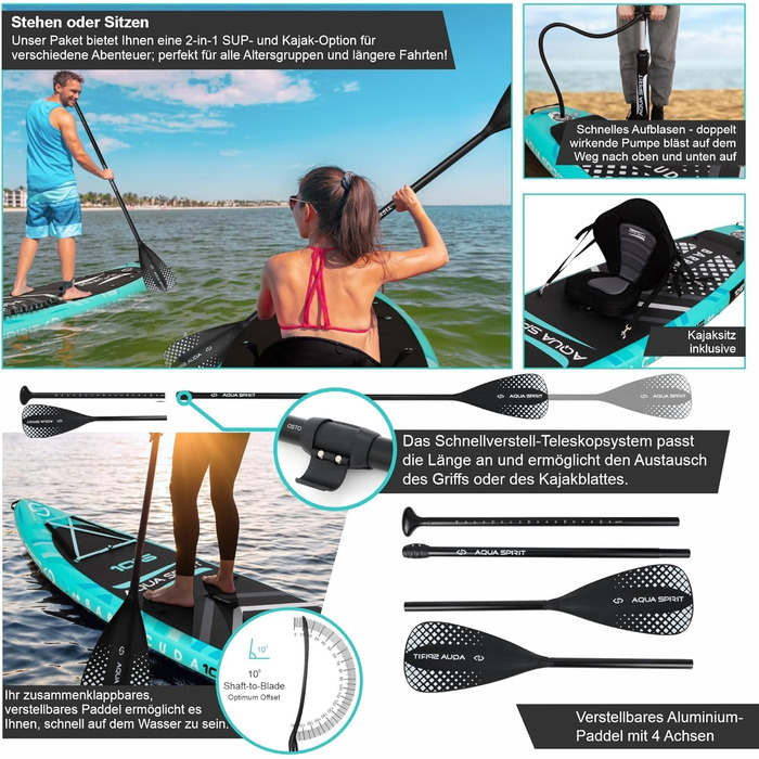 Надувна дошка для веслування Aqua Spirit SUP 2024 320x815см Повний комплект для переобладнання байдарки з веслом, рюкзаком, насосом та іншими аксесуарами Дорослі початківці/експерти Гарантія 2 роки (зелений)