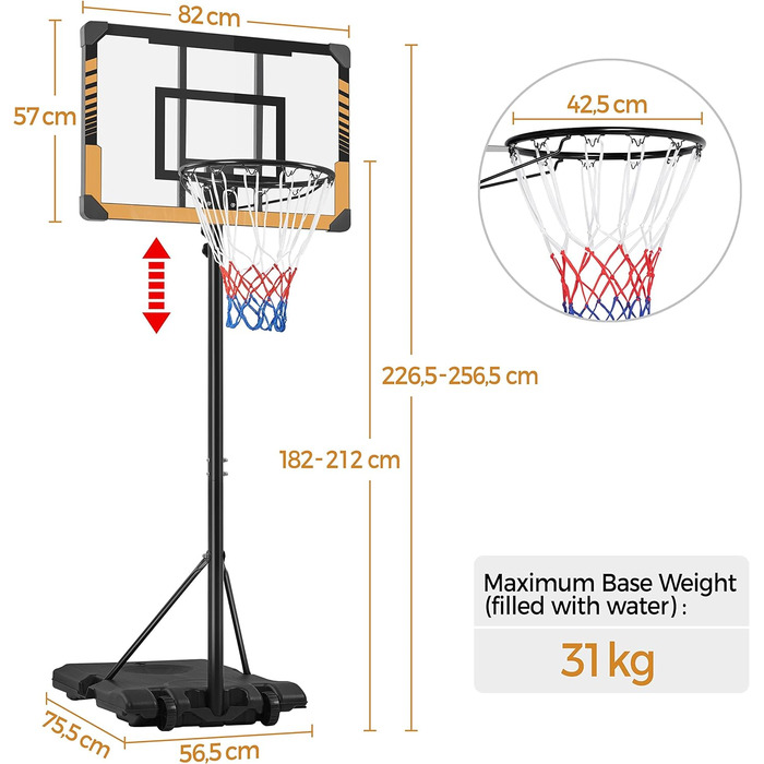 Баскетбольна стійка Yaheetech, регульована по висоті, з колесами, мобільна, з наповненням водою або піском, для використання в приміщенні/на вулиці (75 символів)