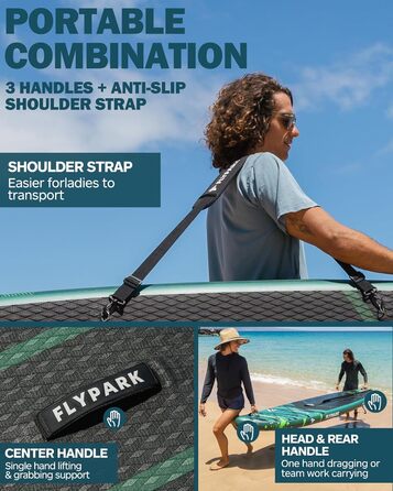 Надувна SUP-дошка Flypark 335x86x15 см, широка, для йоги, з рюкзаком 116 л, 15 D-кілець, ременем, 3 знімними плавниками, насосом