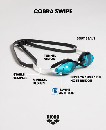 Окуляри для плавання для дорослих ARENA Cobra Original Swipe Unisex, окуляри для плавання з технологією Swipe для захисту від туману, подвійний регульований ремінець, захист від ультрафіолету, 4 змінні перенісся одного розміру синьо-білого кольору