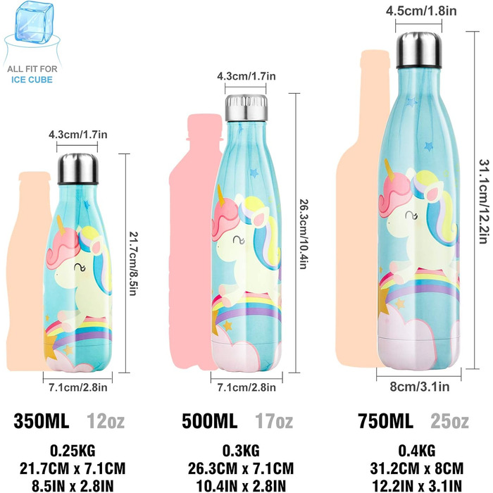 Термос для пляшки для води з нержавіючої сталі - 350/500/750 мл, герметична ізольована пляшка для води з подвійними стінками, вакуумна вакуумна пляшка без BPA, для дітей, бігу, їзди на велосипеді, кемпінгу, роботи (Blue Unicorn, 750 мл)