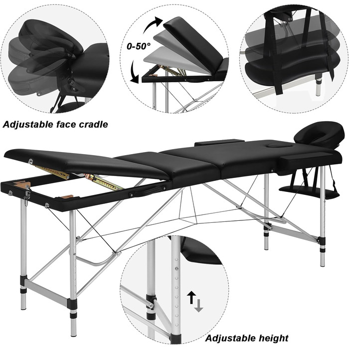 Мобільний масажний стіл 3 зони, масажний стіл складний регульований по висоті, портативна масажна лава, косметичний столик, виготовлений з алюмінію, з підлокітниками підлокітник для рук сумка для перенесення, чорна