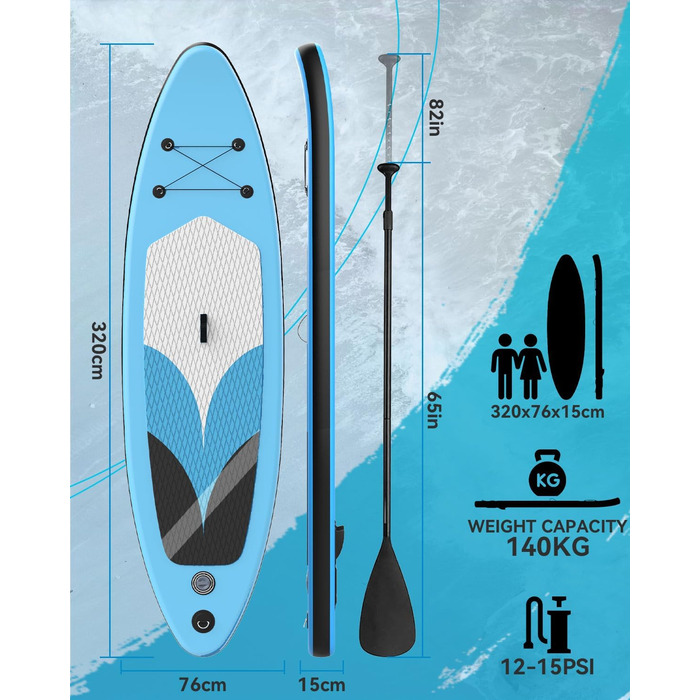 Надувна SUP-дошка 320x76x15 см для дорослих, ультралегкий комплект із регульованим веслом, ручним насосом, плавником і рюкзаком
