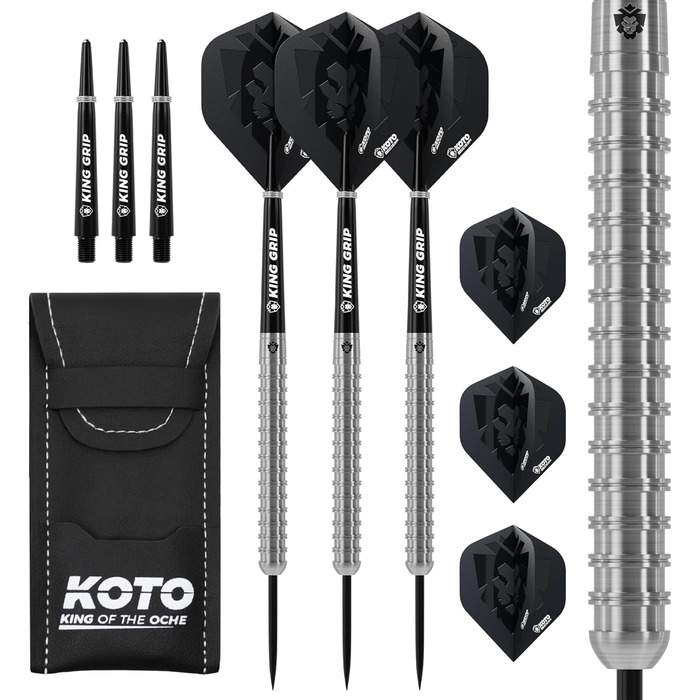 Дротики для дартсу KOTO Kingrex 90% сріблясті, набір 3 шт з наконечниками, оперенням, стрижнями та чохлом, металевий рифлений грип