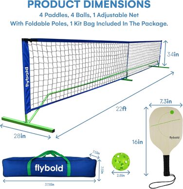 Flybold Сітка для піклболу 6,7 м, переносна, з сумкою, металева конструкція, для вулиці та приміщення, опціонально з 4 ракетками