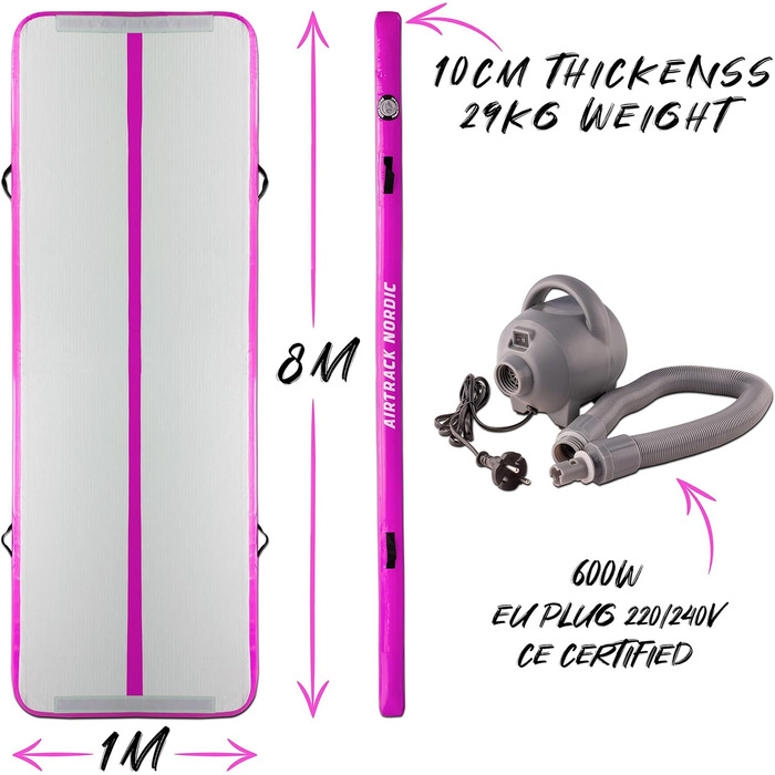 Килимок AirTrack Nordic Standard Air Track 3м/4м/5м/6м/7м/8м з повітряним насосом, гімнастичний килимок надувний для гімнастики, йоги - міцний і зручний у транспортуванні, гімнастичний килимок з повітряним відстеженням для дому (8 метрів, рожевий)