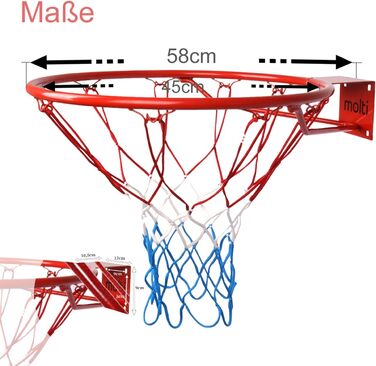 Баскетбольне кільце molti Ø45 см / Баскетбольне кільце HangRing з сіткою та кріпильними гвинтами зовнішнє 4 кріпильних гвинта (червоний, 45см)