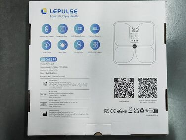 Шкала жиру в організмі Lepulse Lescale F4, шкала жиру та м'язової маси, шкала аналізу жиру в організмі, шкала складу тіла, надточна шкала тіла, тренд, великий дисплей, 15 вимірювань тіла (білий)