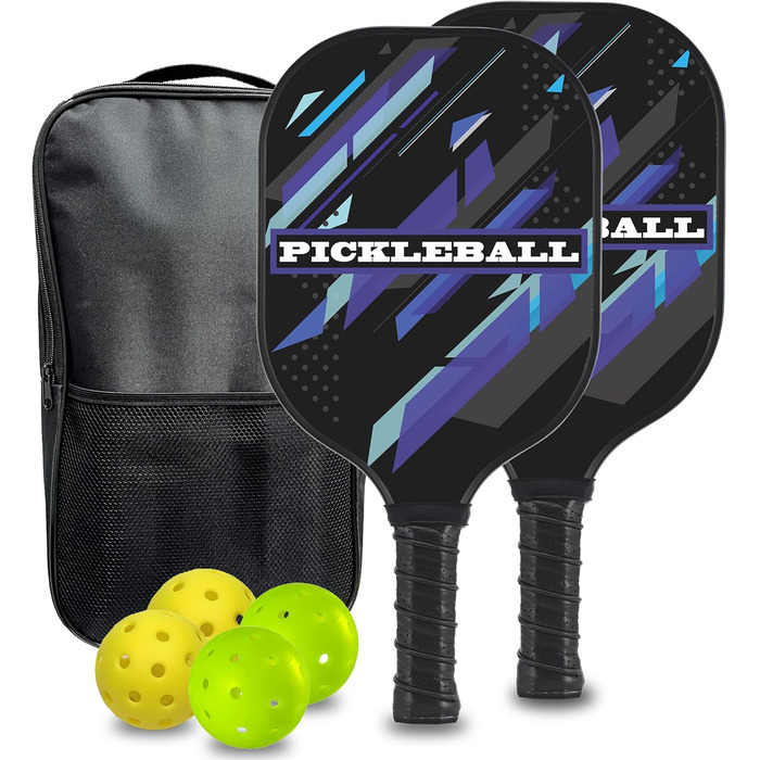 Набір Pickleball 2 весла, 4 м'ячі, сумка, графіт/скловолокно, фіолет/чорн