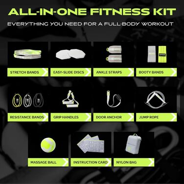 Rage Fitness Ex Kit 9-в-1: фітнес-набір у сумці з еспандерами, ручками, дверним анкером для тренувань вдома, в офісі та в подорожах, для йоги, фітнесу та вправ