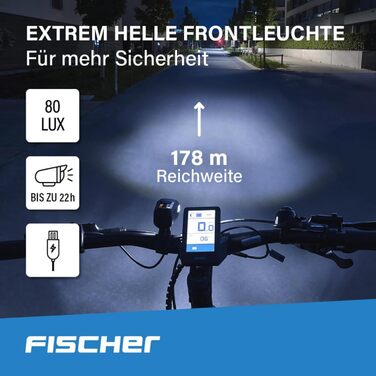 Велосипедний світловий комплект FISCHER: передня і задня фара з акумулятором, USB-зарядка, водозахист IP44, StVZO, 80/40/20 Люкс