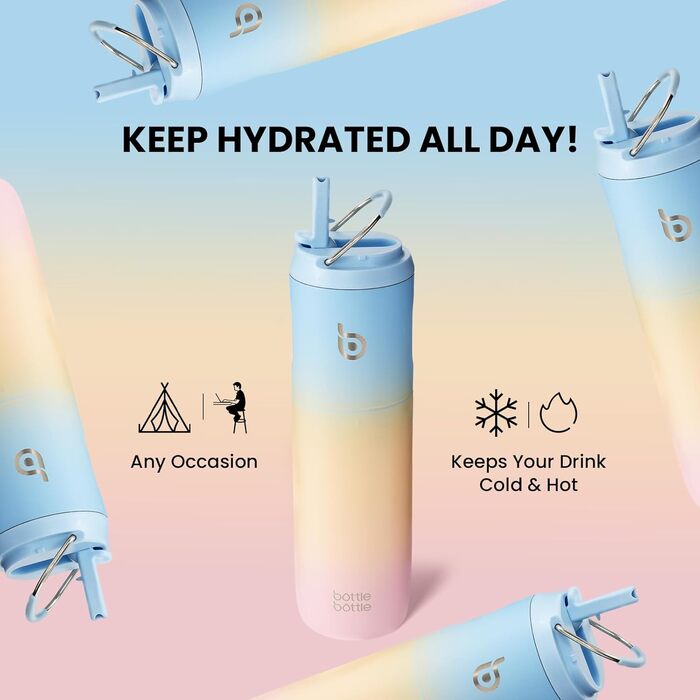 Термобутилка BOTTLE BOTTLE 680 мл з трубочкою, кришкою та ручкою, спортивна нержавіюча пляшка для води, подвійні стінки, герметична, для спорту, подорожей, тренажерного залу