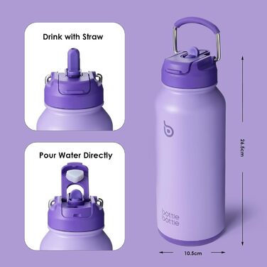 Пляшка ізольована пляшка для води, 950 мл, нержавіюча сталь, спортивні пляшки для води з соломинкою, кришка подвійного використання, пляшка для води, дизайн для тренажерного залу, з коробкою для таблеток (фіолетовий)