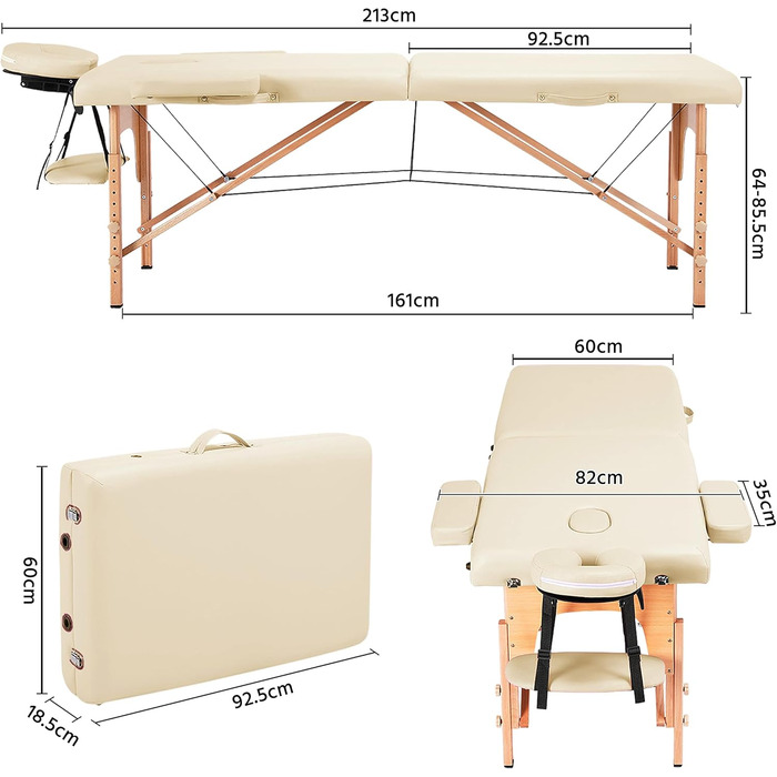 Масажний стіл Yaheetech Мобільний масажний стіл 2 зони Портативне масажне ліжко Регульовані по висоті дерев'яні ніжки, включаючи підголівник і підлокітники 213 82 x 85,5 см до 250 кг Завантажувальний крем 213 x 82 см
