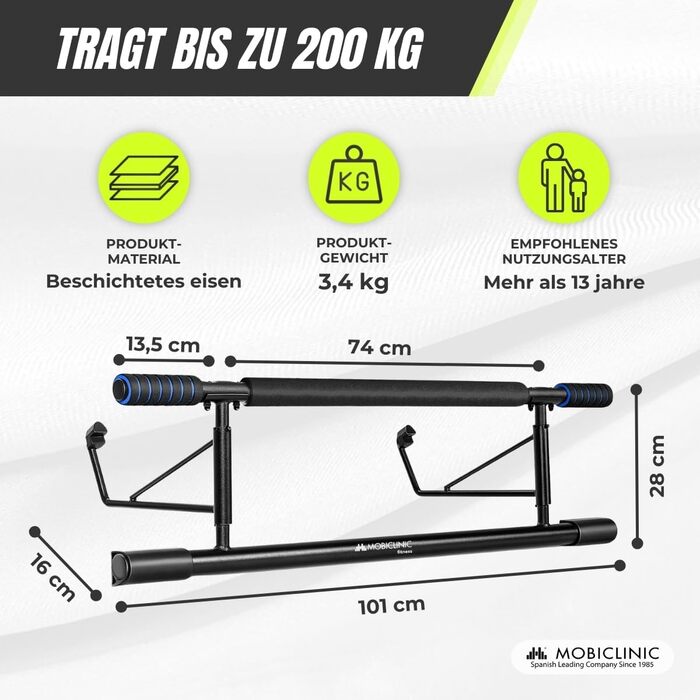 Турнік для дверного отвору Mobiclinic K5, сталевий, регульований 70-92 см, до 200 кг, нековзні поролонові ручки, для домашніх тренувань