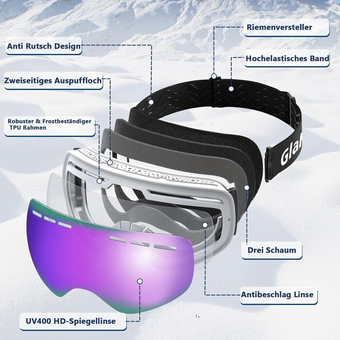 Гірськолижні окуляри GlaRid чоловічі жіночі, OTG Ski Goggles Безкаркасні окуляри для сноуборду для тих, хто носить окуляри, Снігові насадки для дорослих Захист від запотівання 100 UV400 (рожевий)