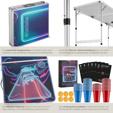 Стіл для пивного пінг-понгу tectake Beer Pong, складаний, регульований, з 100 склянками (50 червоних, 50 синіх) та 6 м'ячами, для вечірок і дорослих