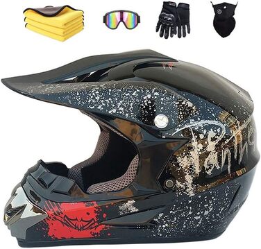 Мотошолом для дітей Motocross, чорний, 57-58 см, з рукавицями, маскою і окулярами, для мотоциклів, квадроциклів, MTB