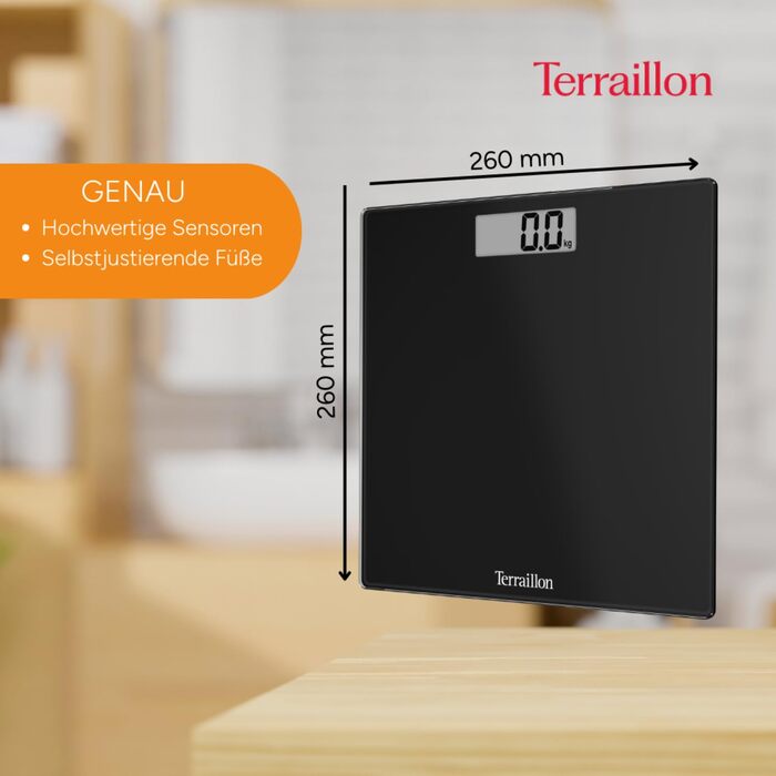 Ваги підлогові Terraillon TSQUARE, скляна платформа, ультратонкі, 26×26 см, велике LCD, до 180 кг, чорні