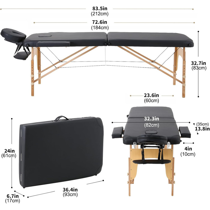 Зонний масажний стіл Panana Портативна масажна лава Регульований по висоті масажний стіл з підголівником і знімними дерев'яними підлокітниками (чорний), 2-
