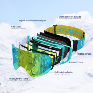 Знімні лінзи лижних окулярів Dizokizo, захист від запотівання та ультрафіолету, потрійна дихаюча піна та рельєфний ремінець для жінок, чоловіків, молоді (золотийжовтий)