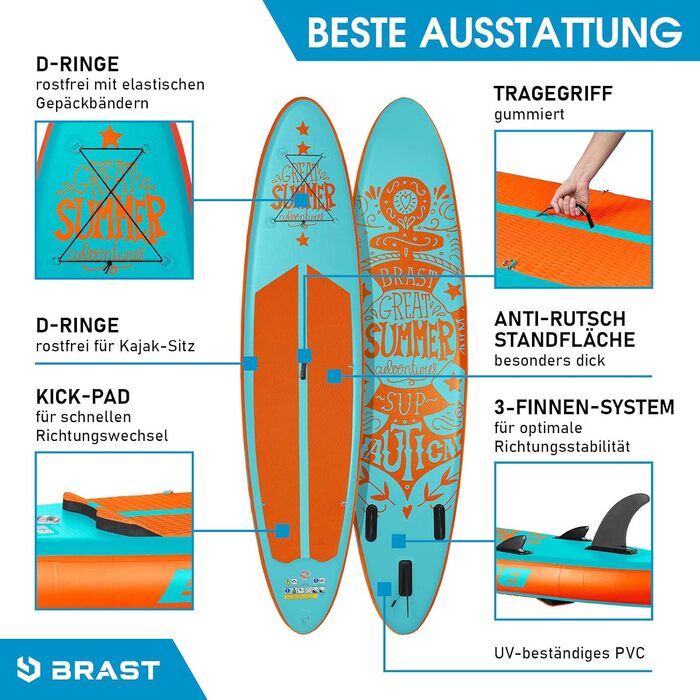 Надувна SUP дошка BRAST Summer 320x81x15 см, комплект з веслом, сидінням для каяка, камеротримачем, гарантія 5 років