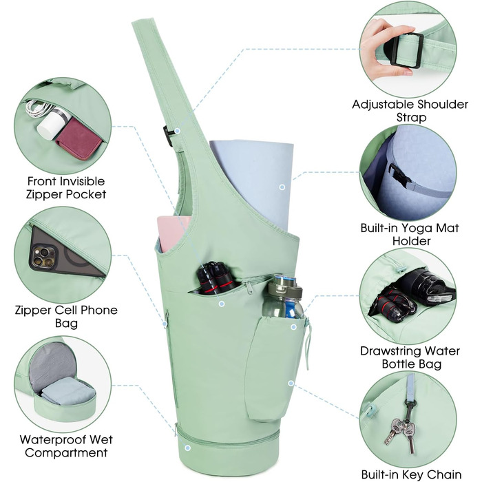 Сумка для йоги з великим відкриттям Сумка для йоги з вологим відділенням і кишенею для пляшки Жіноча регульована сумка на плечовому ремені Сумка для йоги для пілатесу Килимки для йоги (м'ятно-зелений)