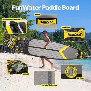 Надувна SUP-дошка FunWater для дорослих з веслом, ручним насосом, нековзким EVA-покриттям та страховочним шнуром