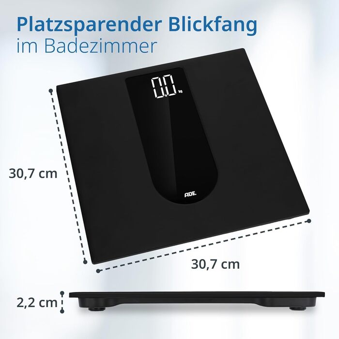 Цифрові ваги для ванної кімнати ADE з великим світлодіодним дисплеєм Нековзна вагова поверхня з безпечного скла Точний результат зважування з кроком 100 г Елегантна матова поверхня до 180 кг (чорний)