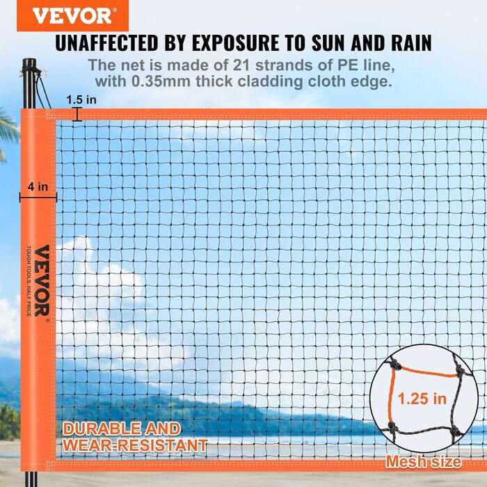 Волейбольна сітка VEVOR Регульована по висоті сітка для бадмінтону, 91.44 x 970 см Портативна сітка для пляжного волейболу, помаранчева волейбольна сітка Складна волейбольна сітка з волейбольним м'ячем і сумкою для перенесення та ракеткою для бадмінтону