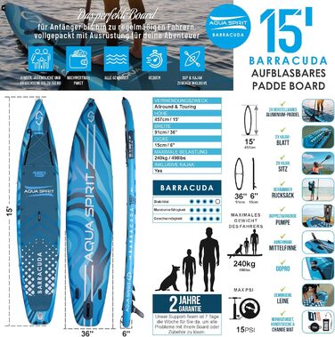 Надувна дошка для падде Aqua Spirit SUP 2024 320x815см/457x915см Комплектація з веслом, рюкзаком, насосом та іншими аксесуарами Дорослі початківці/експерти Гарантія 2 роки (Barracuda 15')