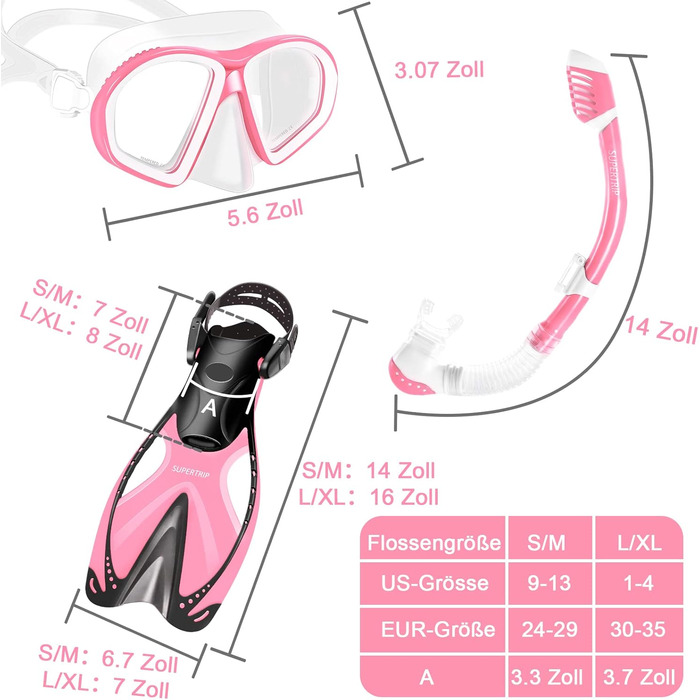 Дитячий набір трубок Supertrip 3 предмети, набір трубок з ластами, окуляри для дайвінгу із загартованою лінзою, регульовані ласти для плавання, суха трубка преміум класу для дітей Junior Pink L/XL (30-35)