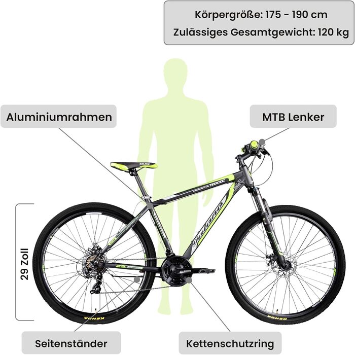 Гірський велосипед Galano Toxic 29 дюймів від 175 см для жінок та чоловіків з 21 швидкістю та дисковим гальмом Велосипед MTB Hardtail у багатьох кольорах, унісекс, алюмінієвий велосипед (чорний / зелений)