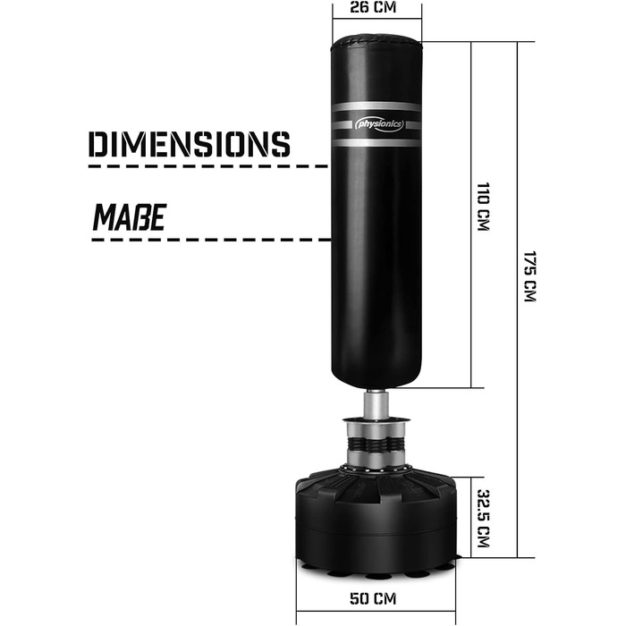 Боксерська груша Physionics стоячи - Вільностояча, Наповнена, 175 см, Дорослі/Підлітки, Муай Тай/ММА/Кікбоксинг, З присоскою, Чорна - Боксерська груша, Боксерська груша, Боксерська груша