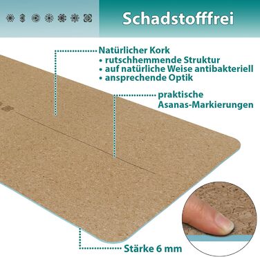 Килимок для йоги ALPIDEX Cork 183 x 61 x 0,6 см Килимок для фітнесу Нетоксична нековзна сумка Guides Натуральний корковий килимок для йоги (м'ята)