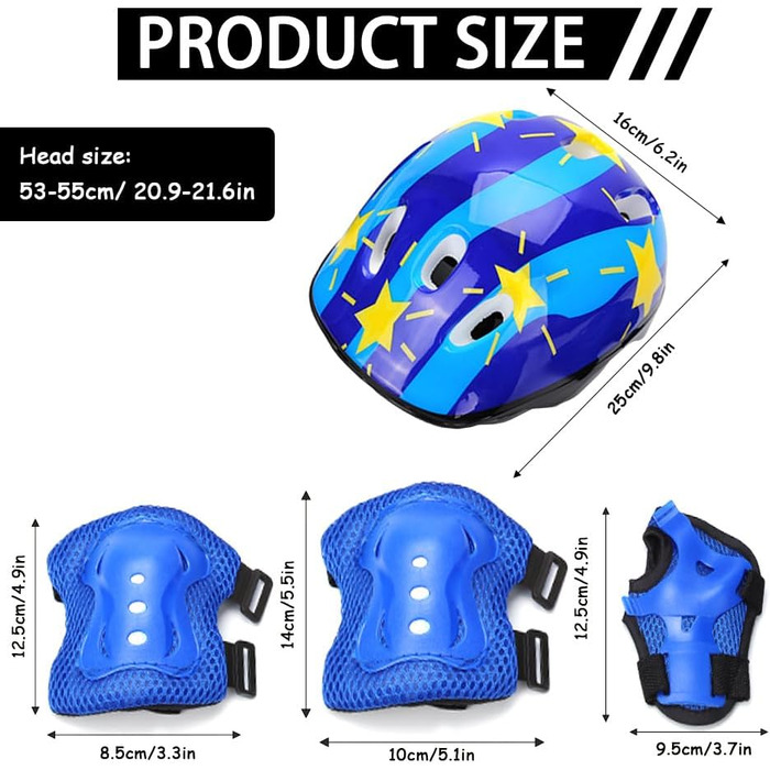 Набір дитячих наколінників 7 шт. Дитячий шолом із захисним спорядженням Протектор Комплект протекторів Шолом для скейтборду Велосипед Ковзани Роликові ковзани Окружність голови Синій