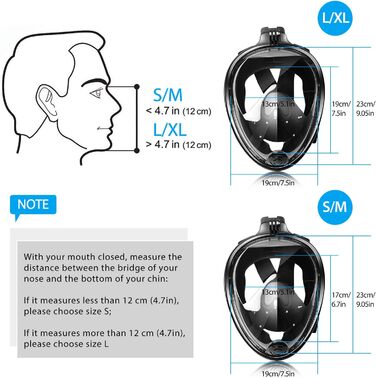 Маска для підводного плавання HINATAA, 180 на все обличчя, маска для дайвінгу, вільне дихання, технологія захисту від запотівання та витоку з регульованими пов'язками на голову для дорослих, підлітків, дітей (чорна, L-XL)