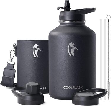 Пляшка для води Coolflask 2 л, нерж. сталь, шкіряний чохол, Polar Black