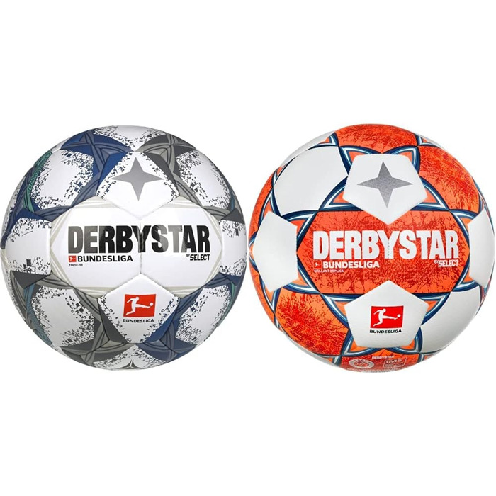 Футбольні м'ячі Derbystar Bundesliga Topic TT v22 і Brillant Replica v21 розмір 5 сіро-синій і помаранчевий