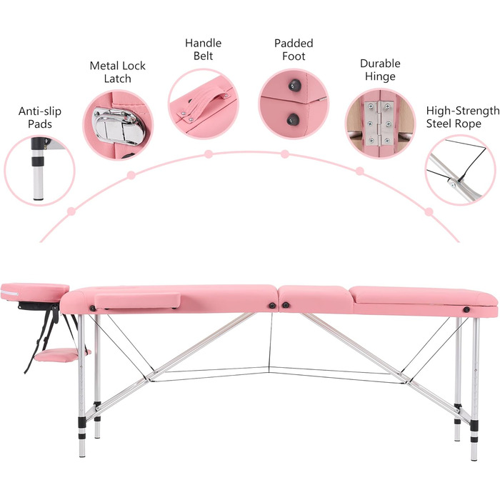 Масажний стіл YOUNIKE Складний 3-зонний масажний стіл шириною 60 см Регульований по висоті терапевтичний стіл Косметичний столик з алюмінієвими ніжками та сумкою для перенесення Тату-стіл, рожевий