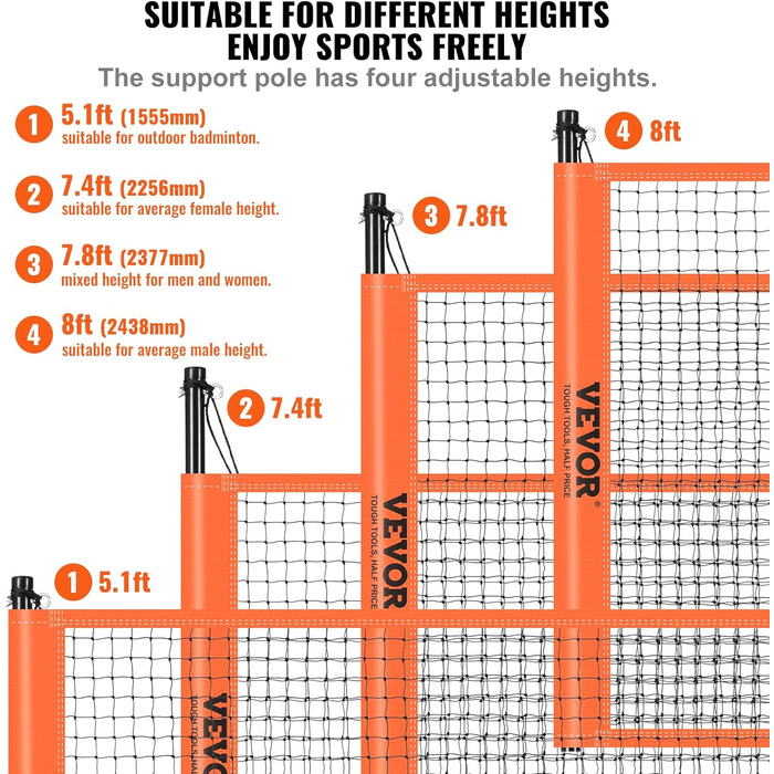 Волейбольна сітка VEVOR Регульована по висоті сітка для бадмінтону, 91.44 x 970 см Портативна сітка для пляжного волейболу, помаранчева волейбольна сітка Складна волейбольна сітка з волейбольним м'ячем і сумкою для перенесення та ракеткою для бадмінтону
