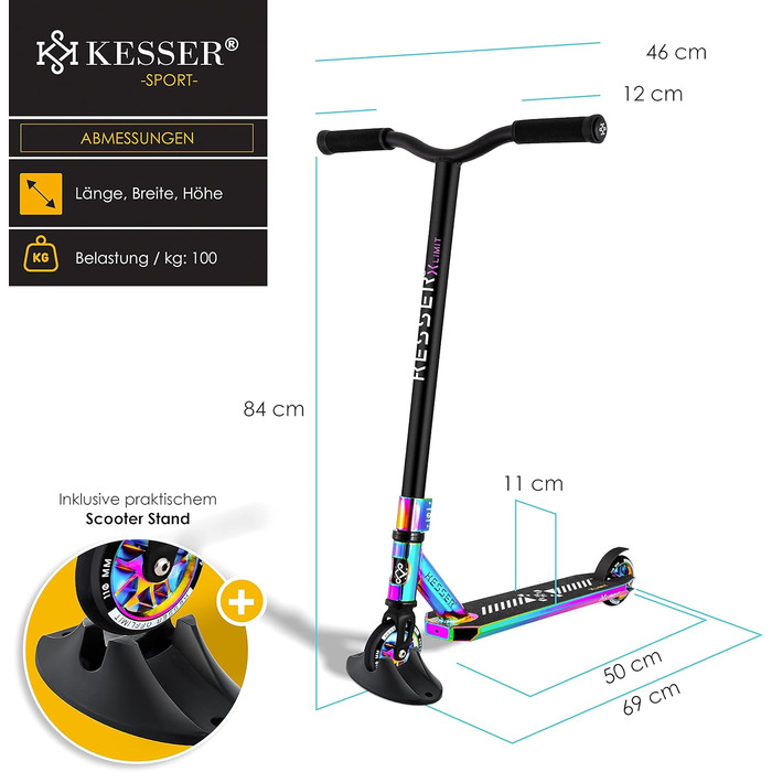 Трюковий скутер KESSER X-Limit-Pro 360 з рульовим керуванням Funscooter Stunt Scooter з підставкою ABEC 9 кулькових підшипників, 110 мм PU колеса, Kick Scooter Kick Scooter City Scooter Trick Scooter для дітей дорослих (Rainbow)