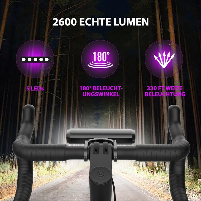 Світлодіодна велосипедна фара 8000mAh, 2600 люмен, 5 LED, USB-C, водонепроникна, алюмінієва, з 4 режимами, чорна