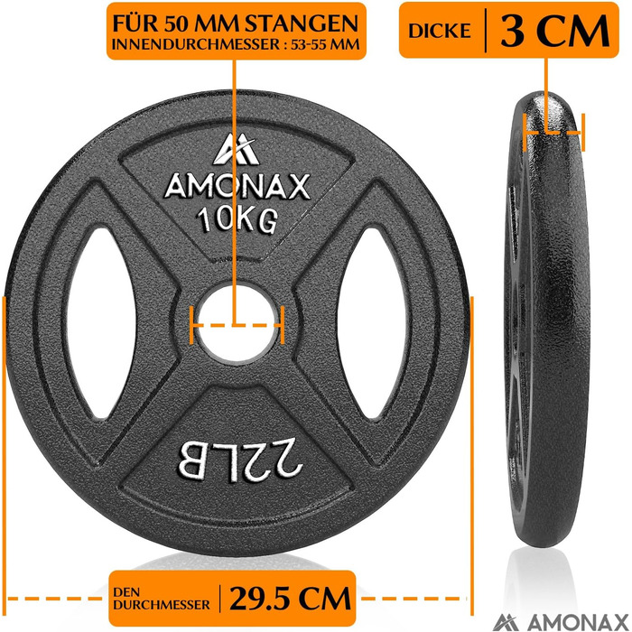 Набір чавунних вагових пластин Amonax, 2,5 кг, 5 кг, 10 кг Набір гантелей для олімпійських ваг 25 мм і 50 мм Гантель, металеві вагові пластини для важкої атлетики та тяги стегнами, вагові пластини для домашнього тренажерного залу 50 мм - 10 кг x 2