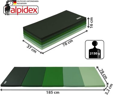 Гімнастичний килимок ALPIDEX Складний м'який килимок для підлоги 185 x 78 x 3,2 см Гімнастичний килимок Спортивний килимок для дому дітей дорослих зелений